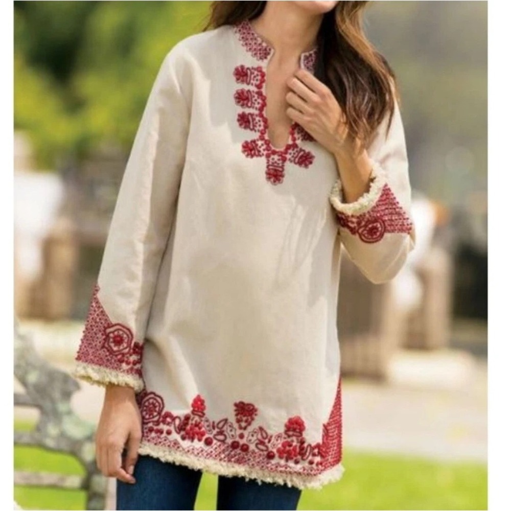 Soft Surroundings Sahara Beaded Linen Blend Tunic Top Sz L Tan 3/4 Sleeve Boho